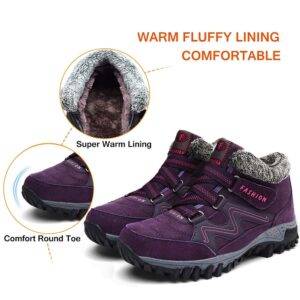 TBWM Women Winter Thermal Villi Leather Platform Fashion high top Boots Outdoor Walking Shoes Non-Slip Hiking Shoes Purple