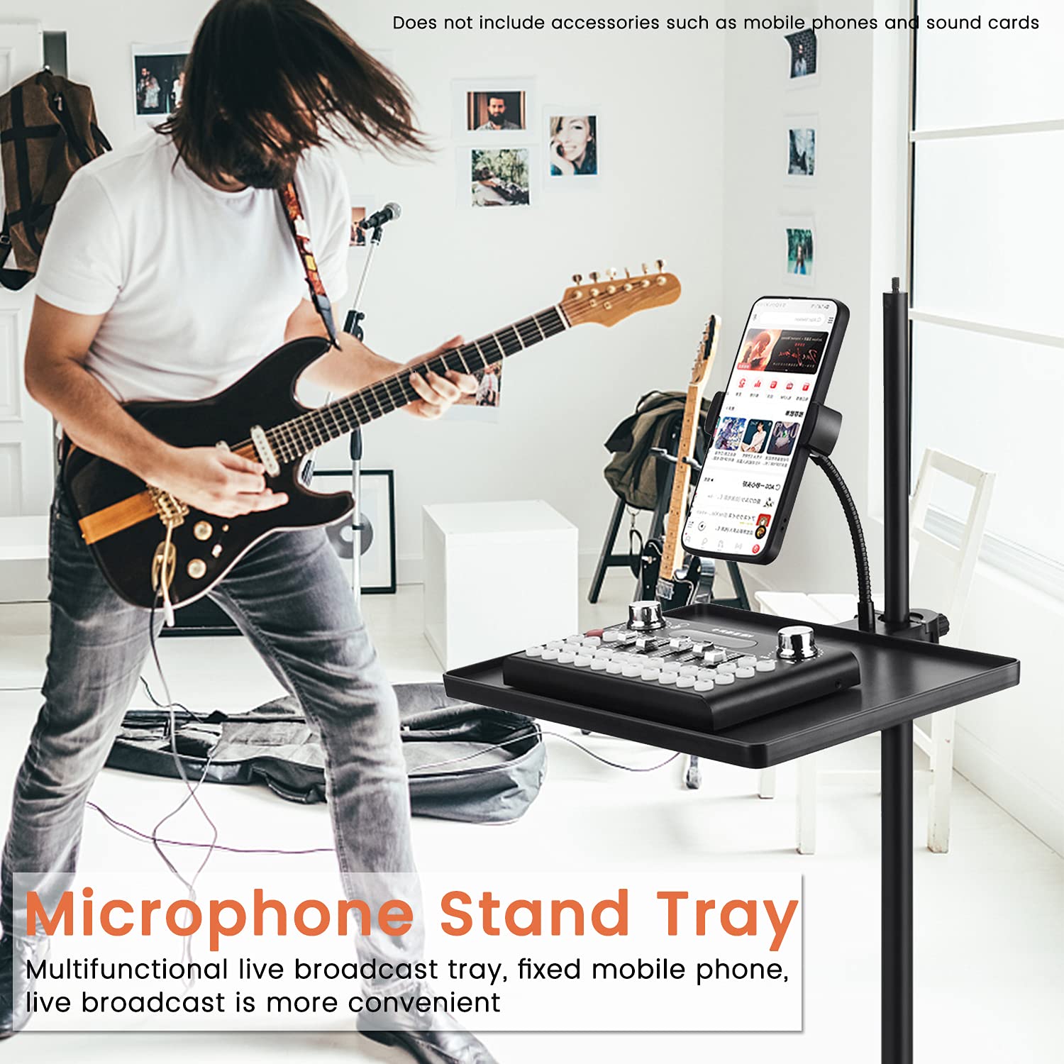 Phone holder Microphone Stand Tray, Clamp-On Rack Tray,Cell Phone Stand for Music Sheet,Compatible with Most Microphones Stands for Live Streaming,Karaoke, Recording