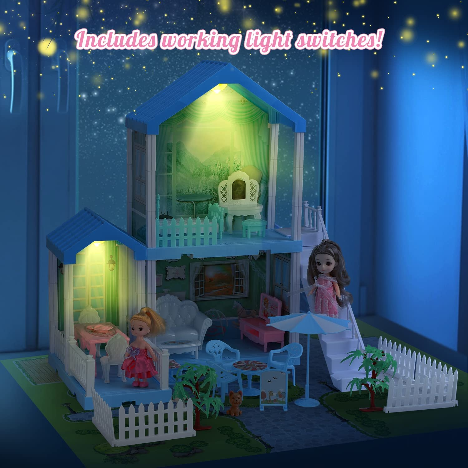 TOY Life Dollhouse - Doll House 4-5 Year Old with Lights - Toddler Girls Doll House 3-5 Year Old 20" x 19" x 11" with 2 Dolls 3 Princess Doll Dream House Rooms, Furniture & Dollhouse Accessories