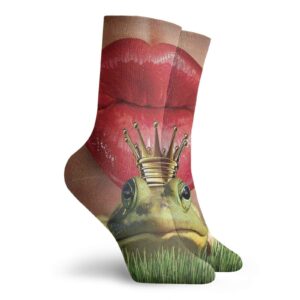 GULTMEE Animal Fashion Compression Socks,Lady Finds Her Frog Prince Soul,Performance Polyester Cushioned Athletic Crew Socks for Running,Athletic,Green Red Yellow -12 inch