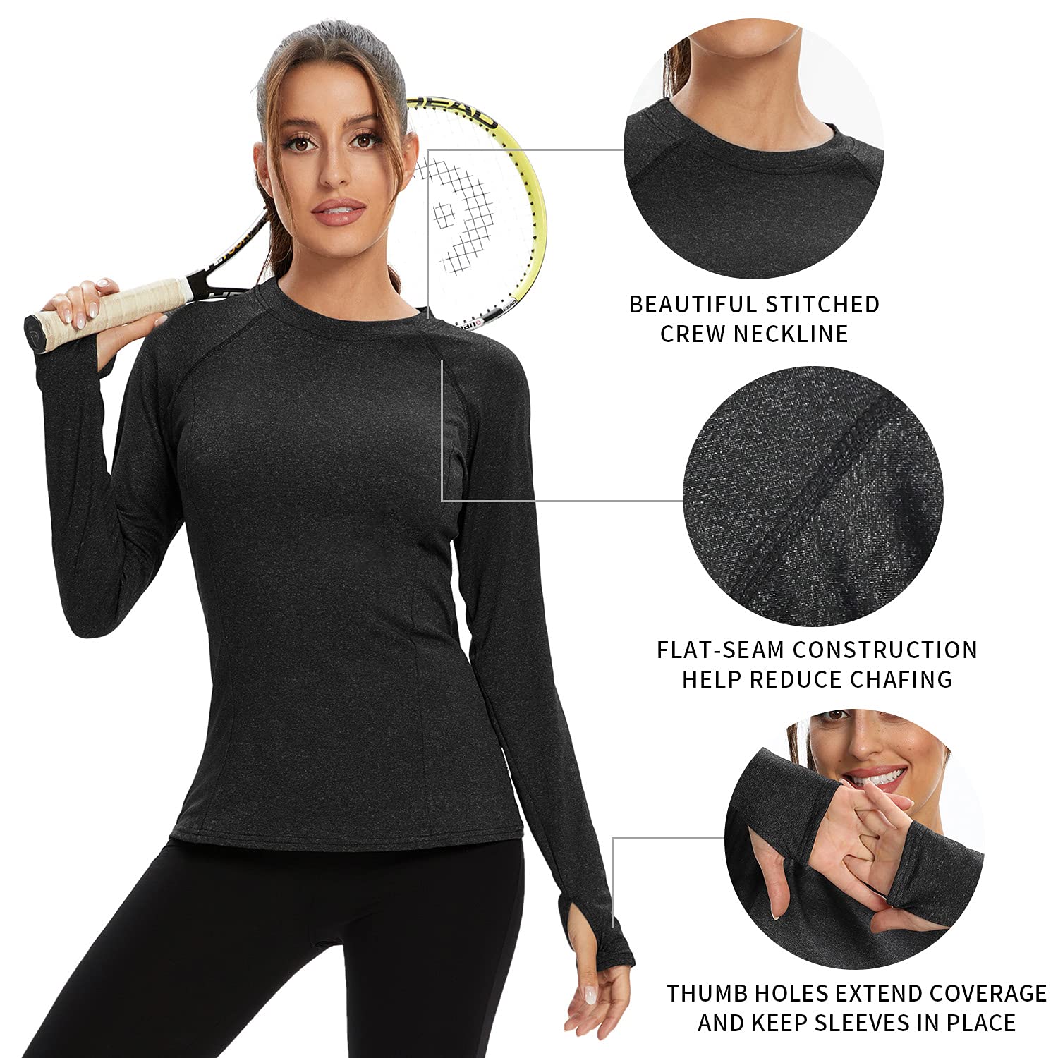 Women's Thermal Compression Shirt Long Sleeve Running Shirt Moisture Wicking Athletic Shirts with Thumb Holes (Black,Small)