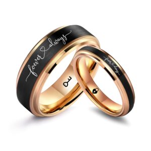 LerchPhi Tungsten Carbide Promise Ring Sets for Him and Her, Black Wedding Rings for Couples, Stepped Edge, Rose Gold Plated Jewelry