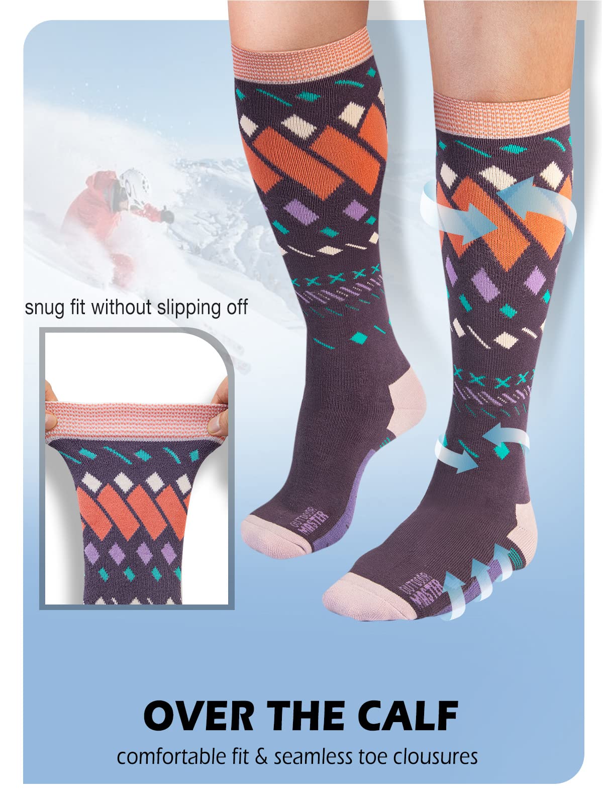 OutdoorMaster Unisex Ski Socks,Skiing and Snowboarding Socks for Men & Women with Over the Calf Design/Non-Slip Cuff