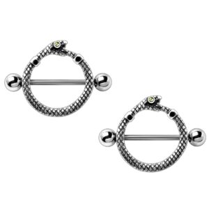 pierced owl 14ga 316l stainless steel full circle snake biting tail nipple shields, sold as a pair