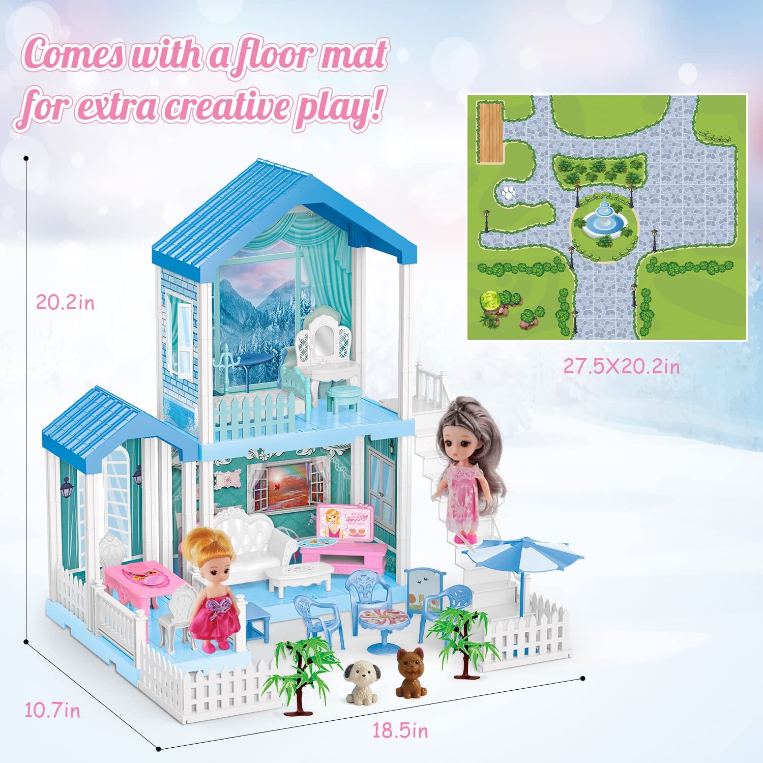 TOY Life Dollhouse - Doll House 4-5 Year Old with Lights - Toddler Girls Doll House 3-5 Year Old 20" x 19" x 11" with 2 Dolls 3 Princess Doll Dream House Rooms, Furniture & Dollhouse Accessories