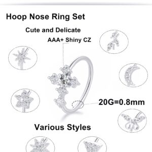 Tornito 8Pcs Nose Ring Hoop Paved Flower Butterfly Star Triangle Moon CZ Cartilage Earrings Nose Piercing Jewelry for Women Men Silver Rose Gold Tone 20G