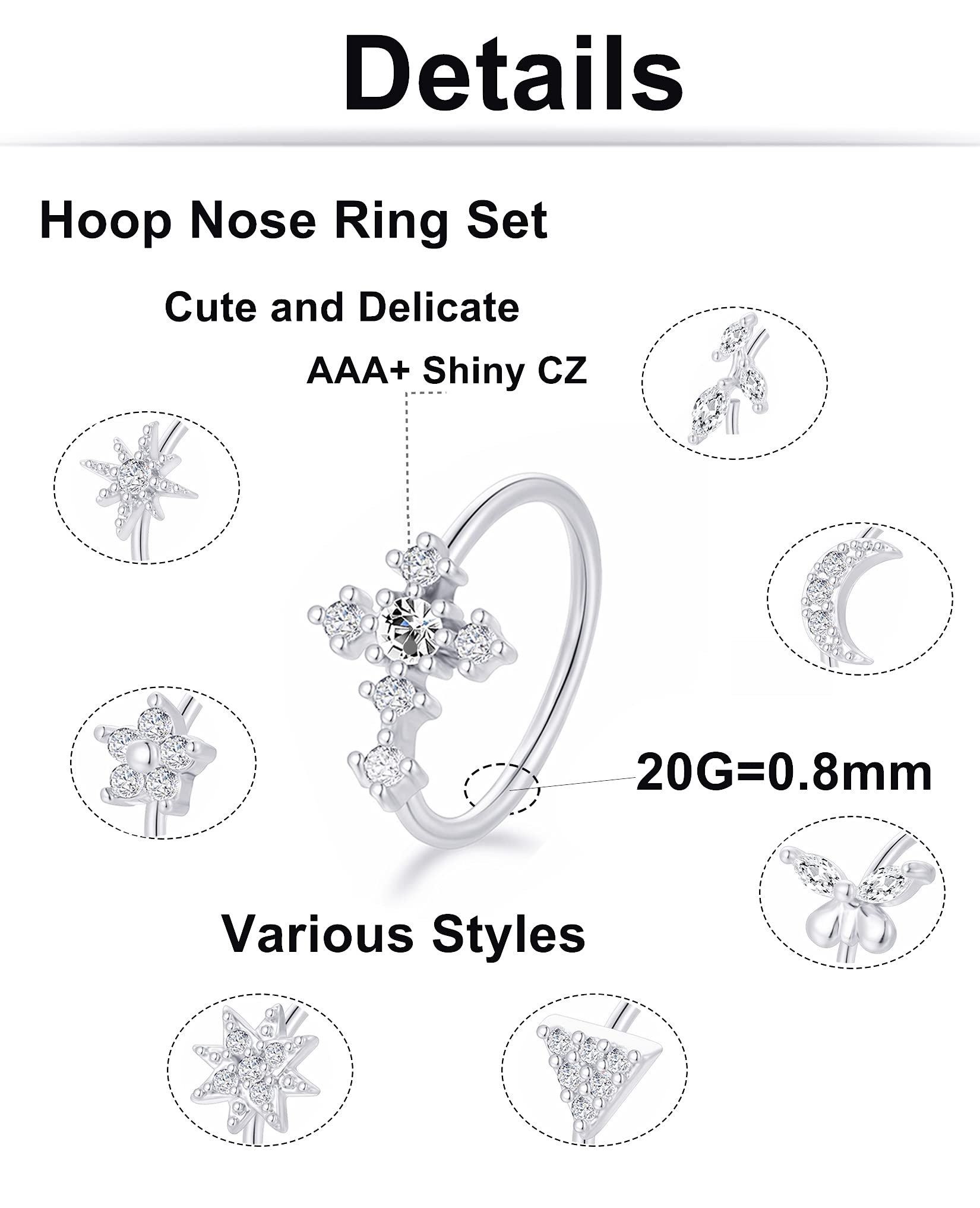 Tornito 8Pcs Nose Ring Hoop Paved Flower Butterfly Star Triangle Moon CZ Cartilage Earrings Nose Piercing Jewelry for Women Men Silver Rose Gold Tone 20G