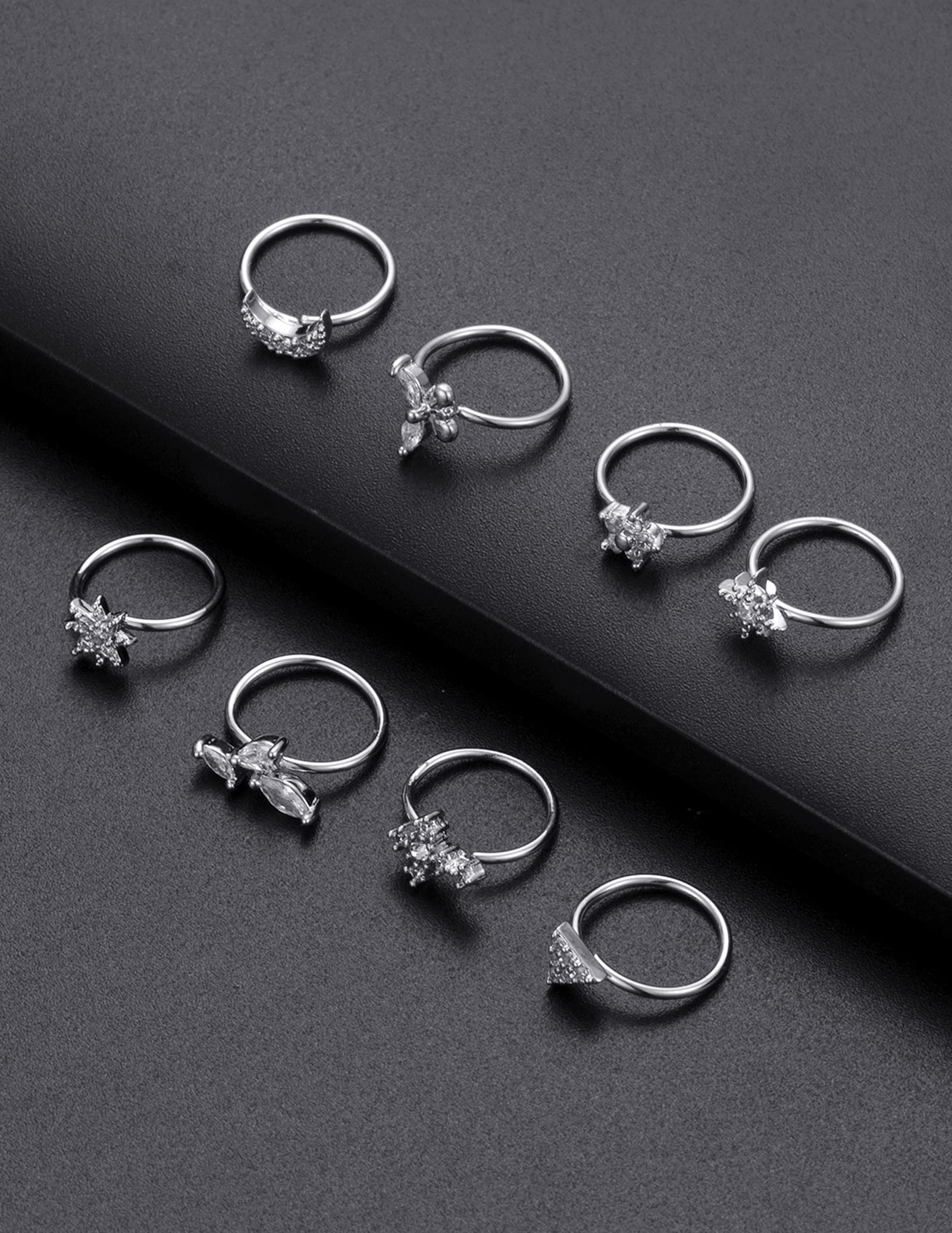 Tornito 8Pcs Nose Ring Hoop Paved Flower Butterfly Star Triangle Moon CZ Cartilage Earrings Nose Piercing Jewelry for Women Men Silver Rose Gold Tone 20G