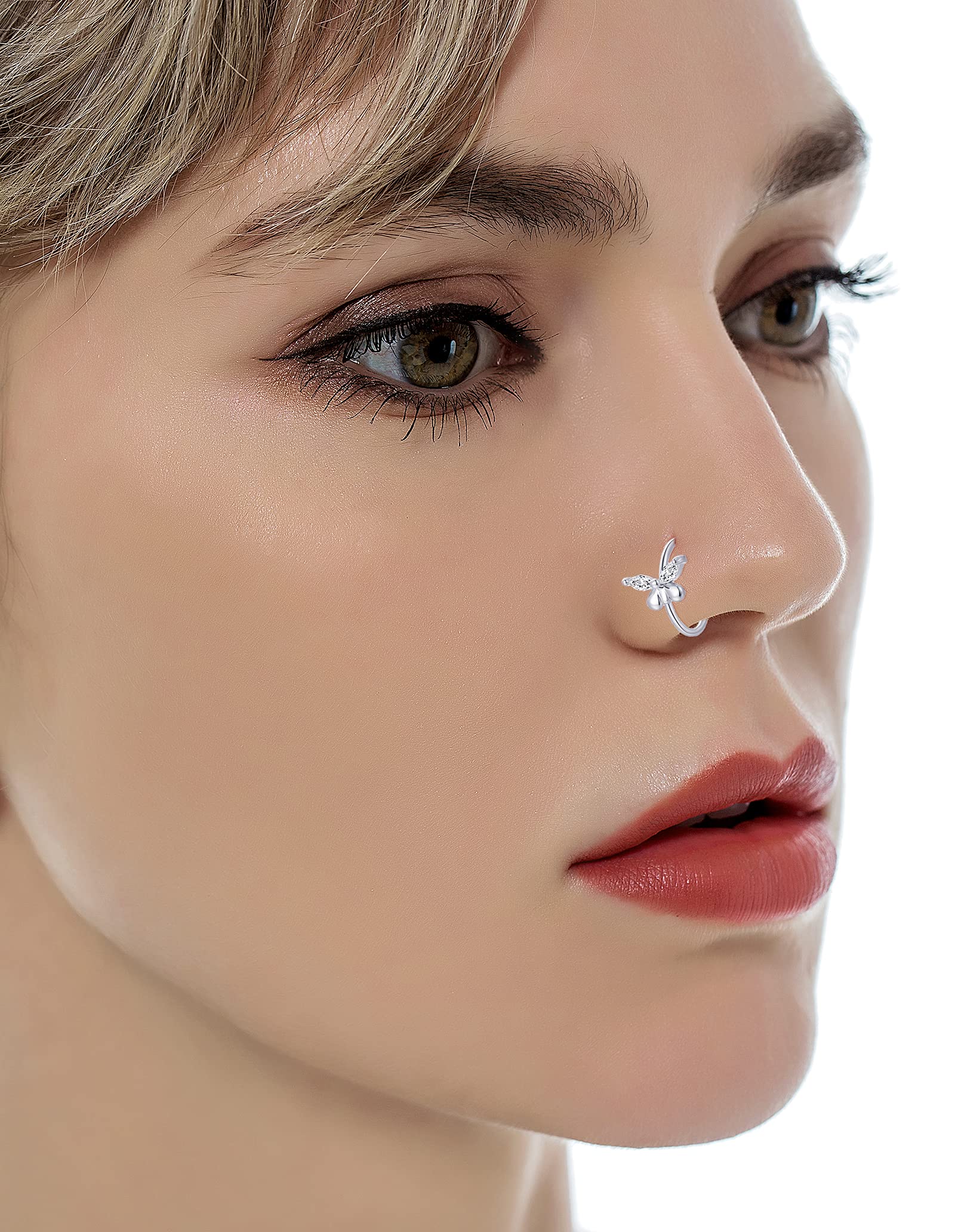 Tornito 8Pcs Nose Ring Hoop Paved Flower Butterfly Star Triangle Moon CZ Cartilage Earrings Nose Piercing Jewelry for Women Men Silver Rose Gold Tone 20G