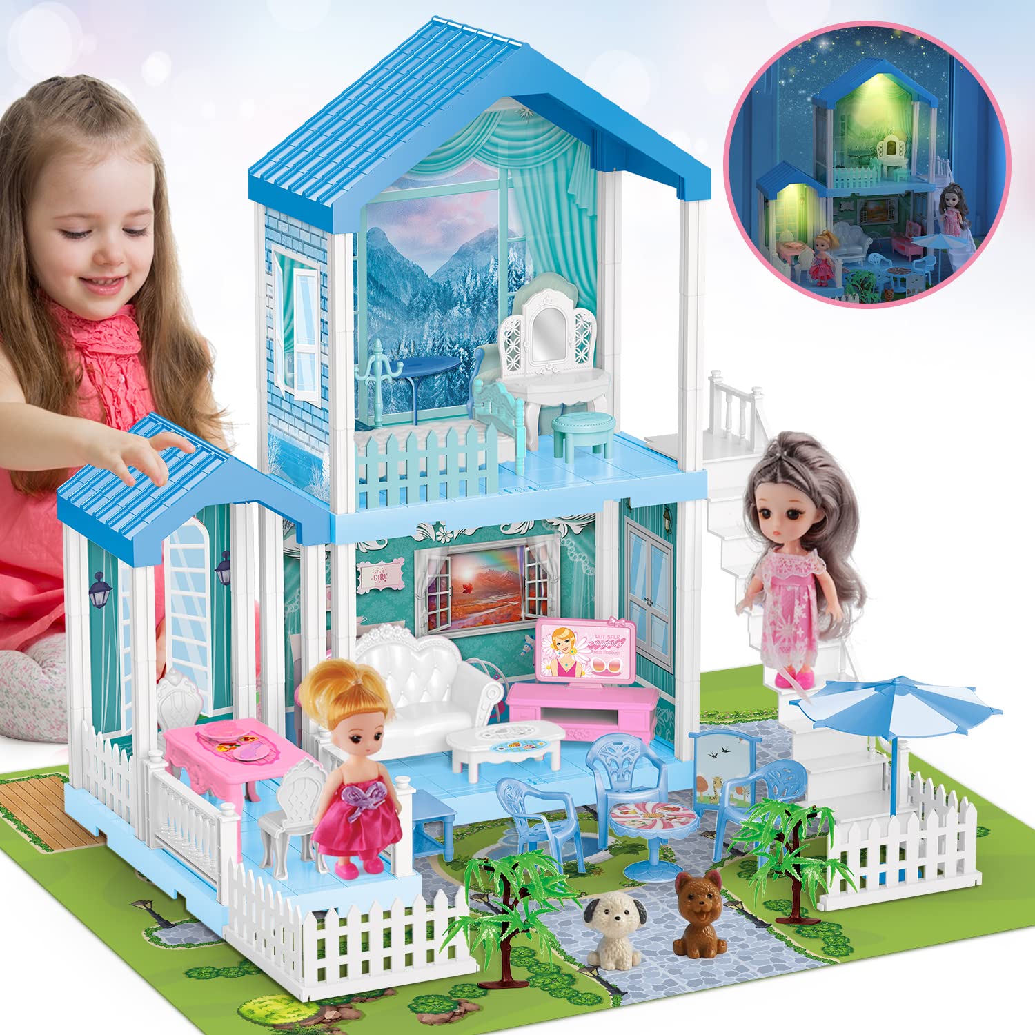 TOY Life Dollhouse - Doll House 4-5 Year Old with Lights - Toddler Girls Doll House 3-5 Year Old 20" x 19" x 11" with 2 Dolls 3 Princess Doll Dream House Rooms, Furniture & Dollhouse Accessories