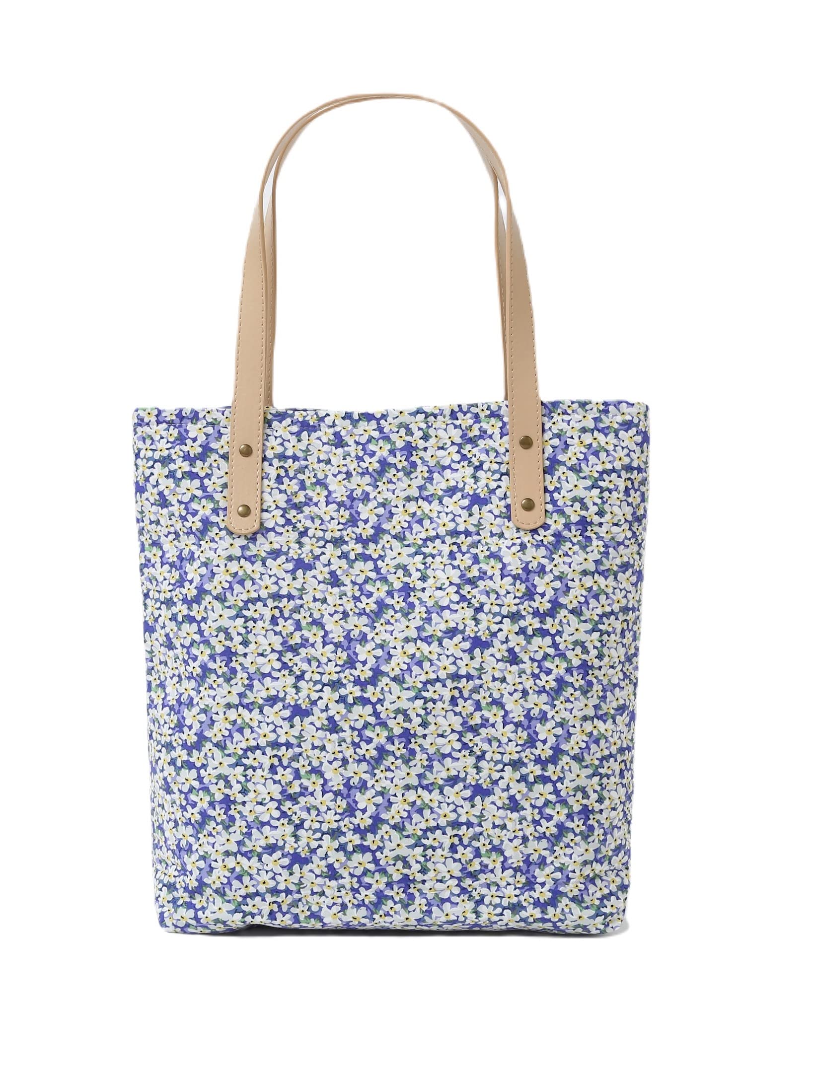 Jeelow Floral Cotton Canvas Tote Handbag with Vegan Leather Handles for Women - Lightweight Shoulder Bag Purse Snap Closure (Blue)