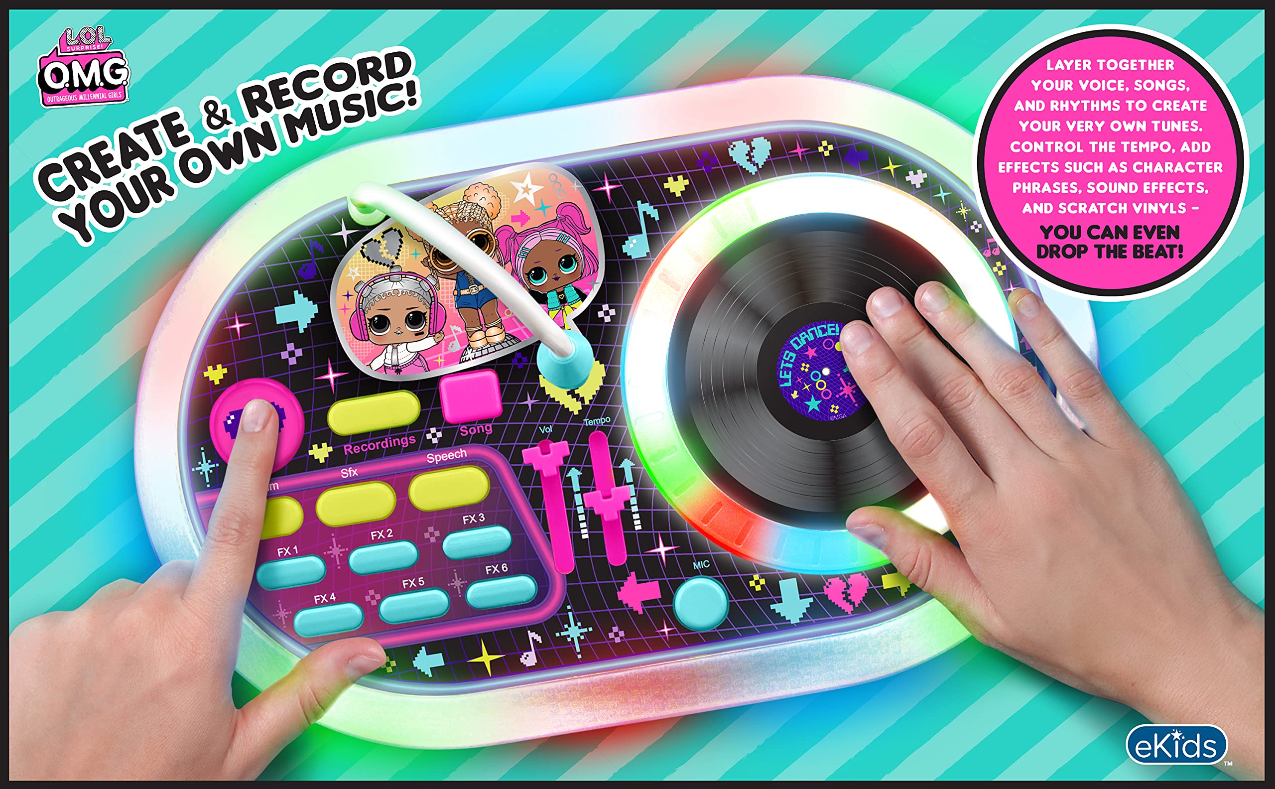 eKids LOL Surprise DJ Party Mixer Turntable Toy with Built in Microphone for Kids, Record and Mix Your Favorite Songs, for Fans of LOL Toys for Girls