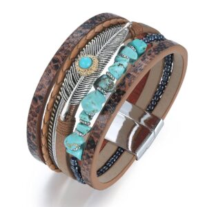 AZORA Turquoise Stone Leather Wrap Bracelet Feather Cuff Bracelets Bohemian Woven Bracelet for Women Gift Brown