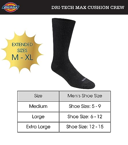 Dickies Men's Dri-Tech Moisture Control Max Full Cushion Crew Socks, Available in M-XL (6, 12, Solid Black (6 Pairs), Large