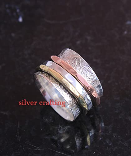 Three Tone Spinner Ring, 925 Sterling Silver, Statement Ring, Handmade Ring For Woman’s (6.5)