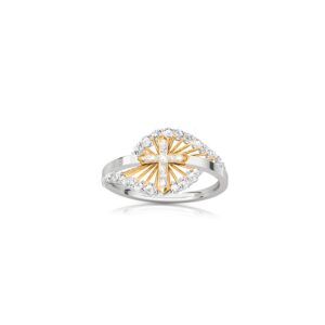 savlano 18k white & yellow gold plated round cut cubic zirconia small cross band ring women religious ring