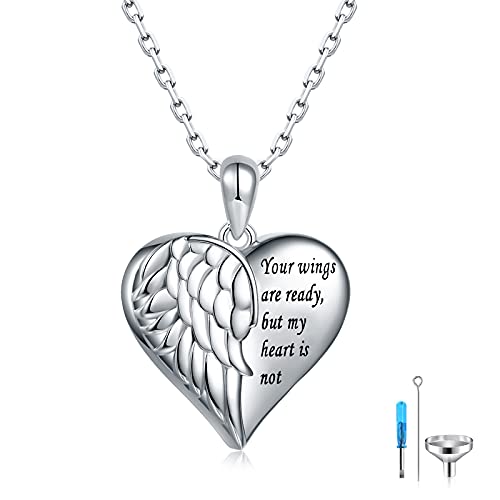 Cremation Jewelry Urn Necklace for Ashes,925 Sterling Silver Heart Shape Angel Wing Pendant for Ashes of Loved Ones Memorial Ashes Keepsake Necklaces for Human Women Dog Pet, Sterling Silver, not know