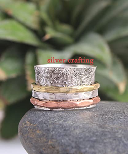 Three Tone Spinner Ring, 925 Sterling Silver, Statement Ring, Handmade Ring For Woman’s (6.5)