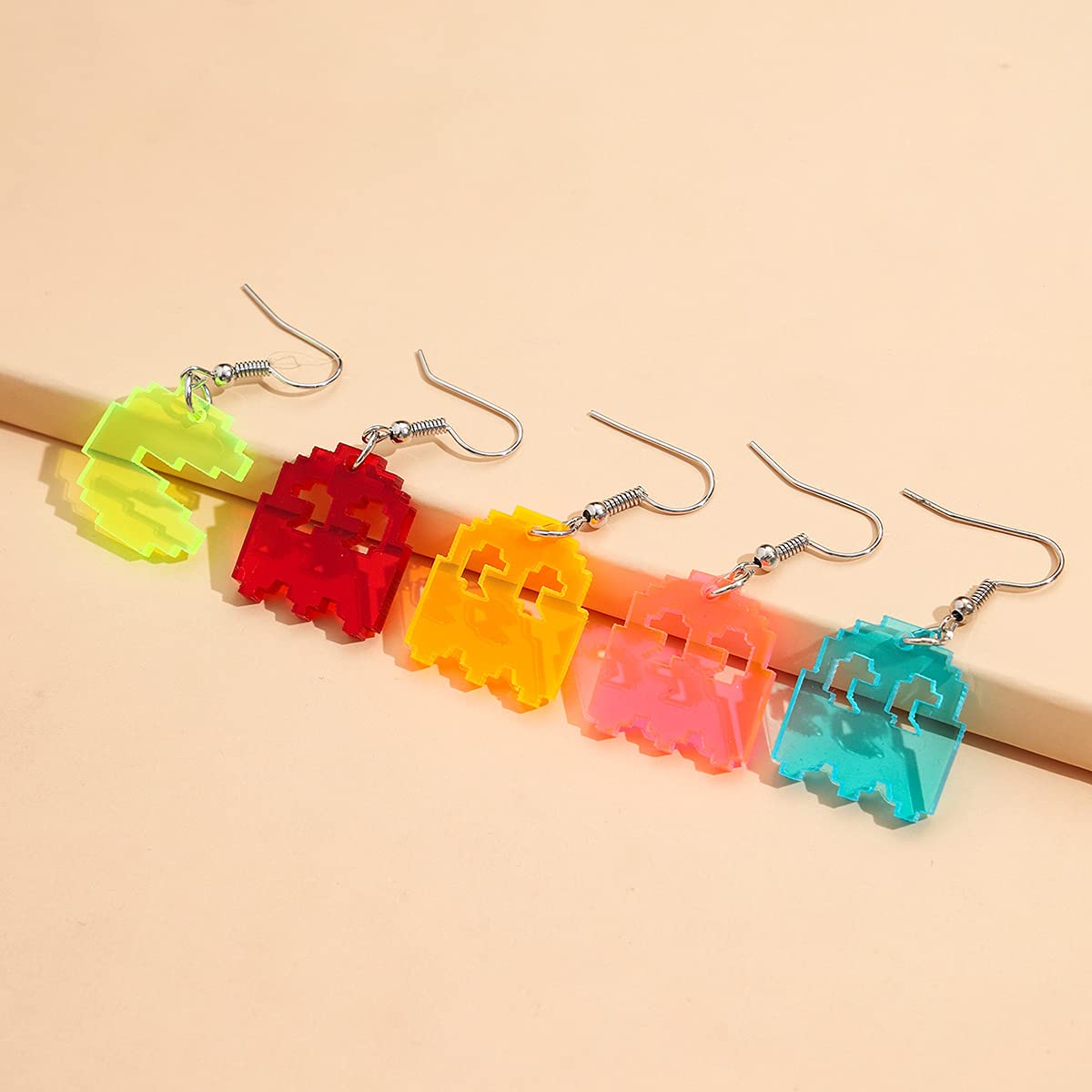 Pixel Ghost Pac-Man Earrings Set,Cute Weird Earrings,80s Earrings Acrylic Gummy Demon Crazy Funny Game Dangle Drop Earrings for Women 5 Pairs