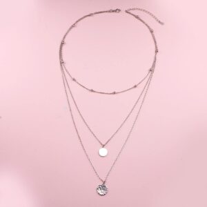 FLYOW Multi Layered Choker Necklace S925 Sterling Silver Coin Beaded Hammered Disc Long Chain Dainty Pendant Necklace for Women