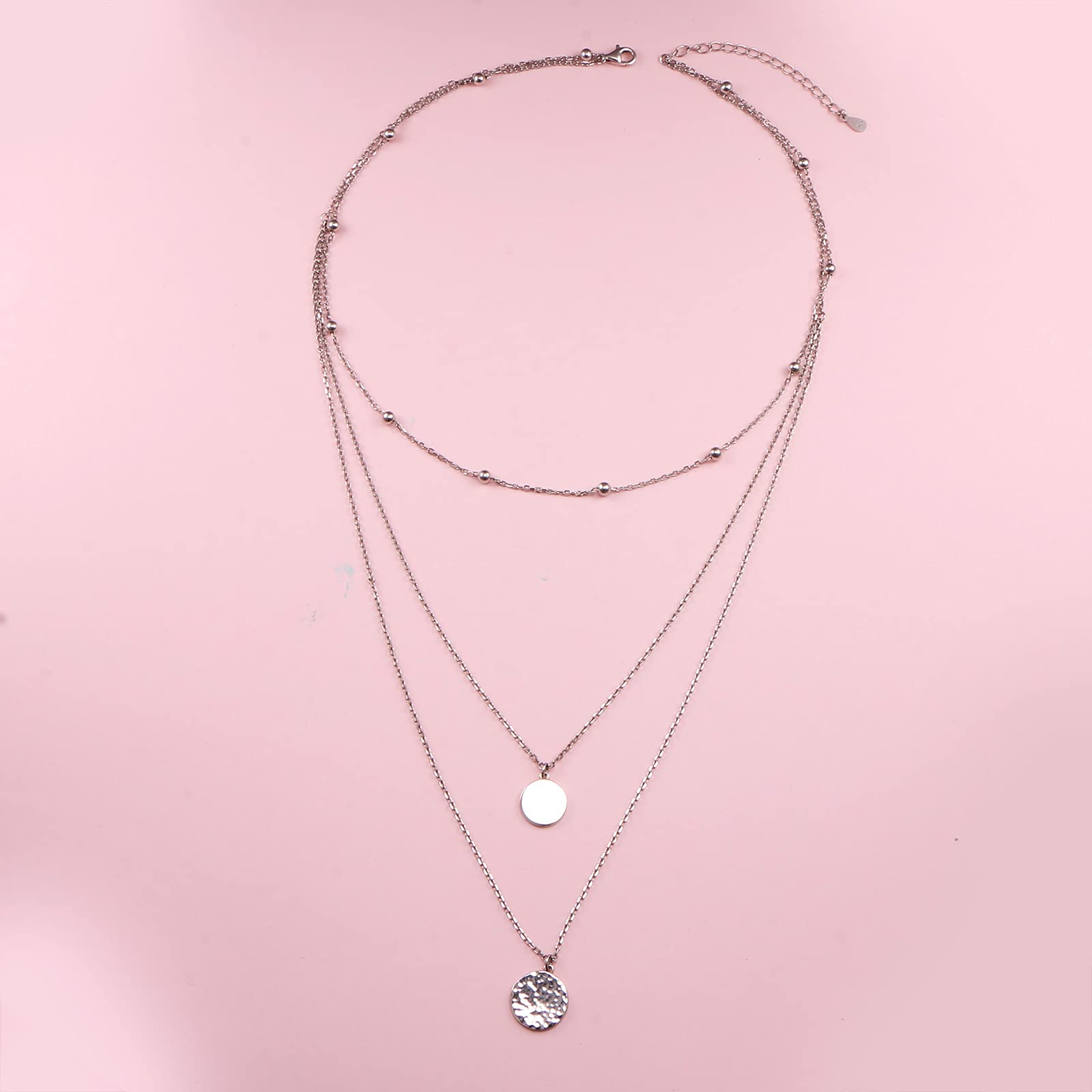 FLYOW Multi Layered Choker Necklace S925 Sterling Silver Coin Beaded Hammered Disc Long Chain Dainty Pendant Necklace for Women