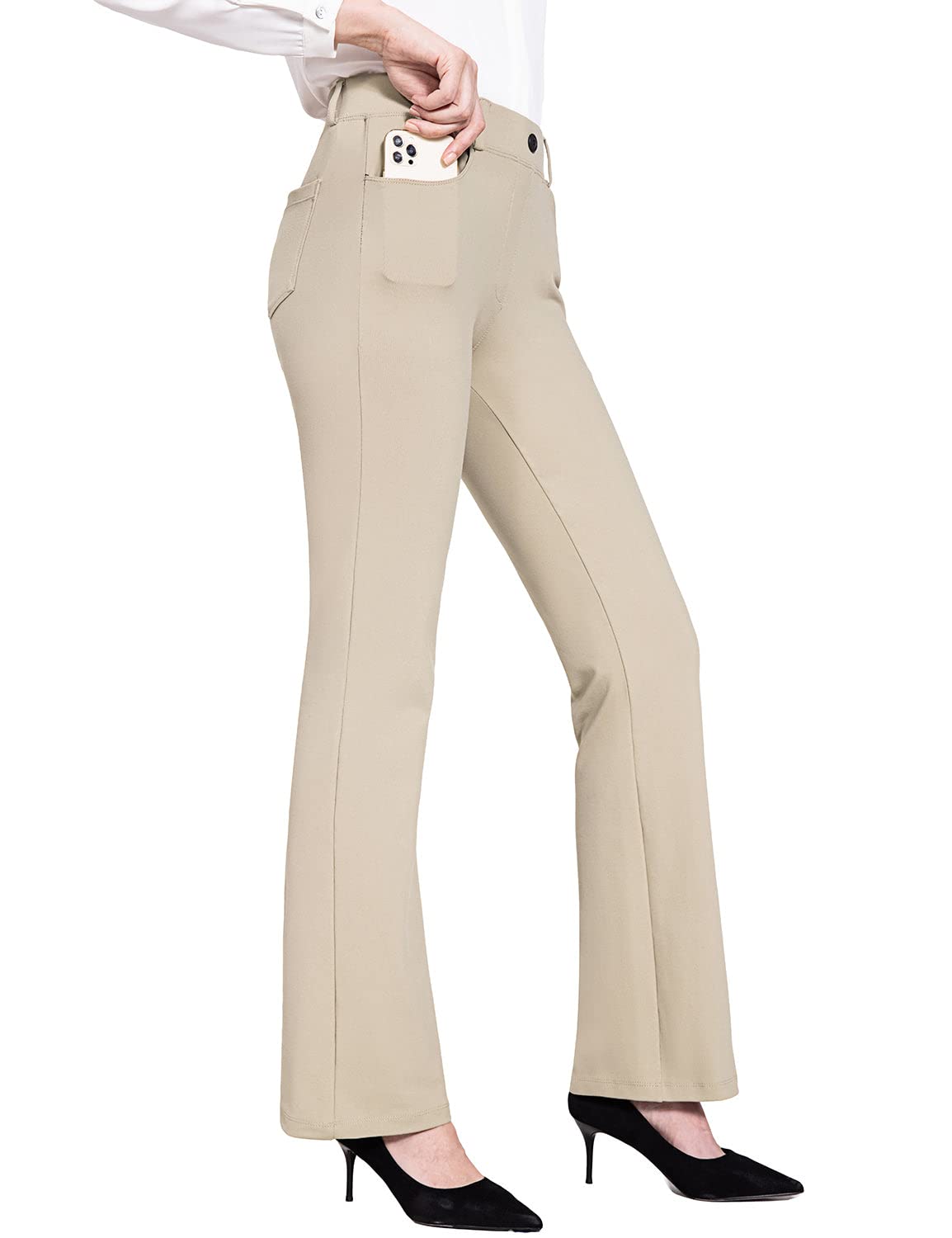 BALEAF Womens Khaki Work Pants Yoga Dress Pants Bootcut Pull On Slacks Petite Business Casual Office Trouser Pockets 29" M