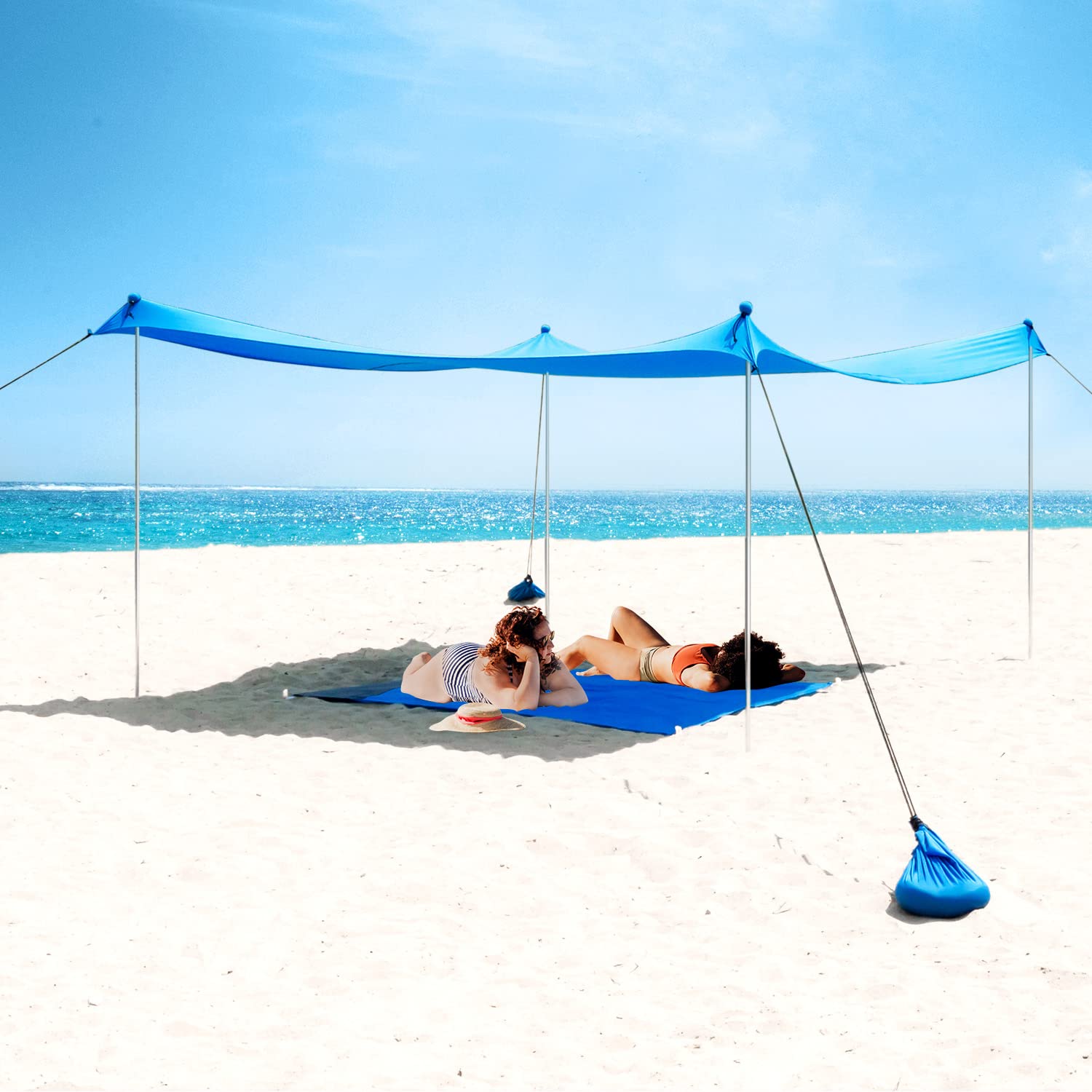 LeMuna Beach Tent Canopy Pop Up Sun Shade UPF50+, Lightweight Outdoor Shade with Sand Shovel, Ground Pegs and Stability Poles, Portable Set for Family Fun Trips (Blue, 10×10 FT 2 Pole)