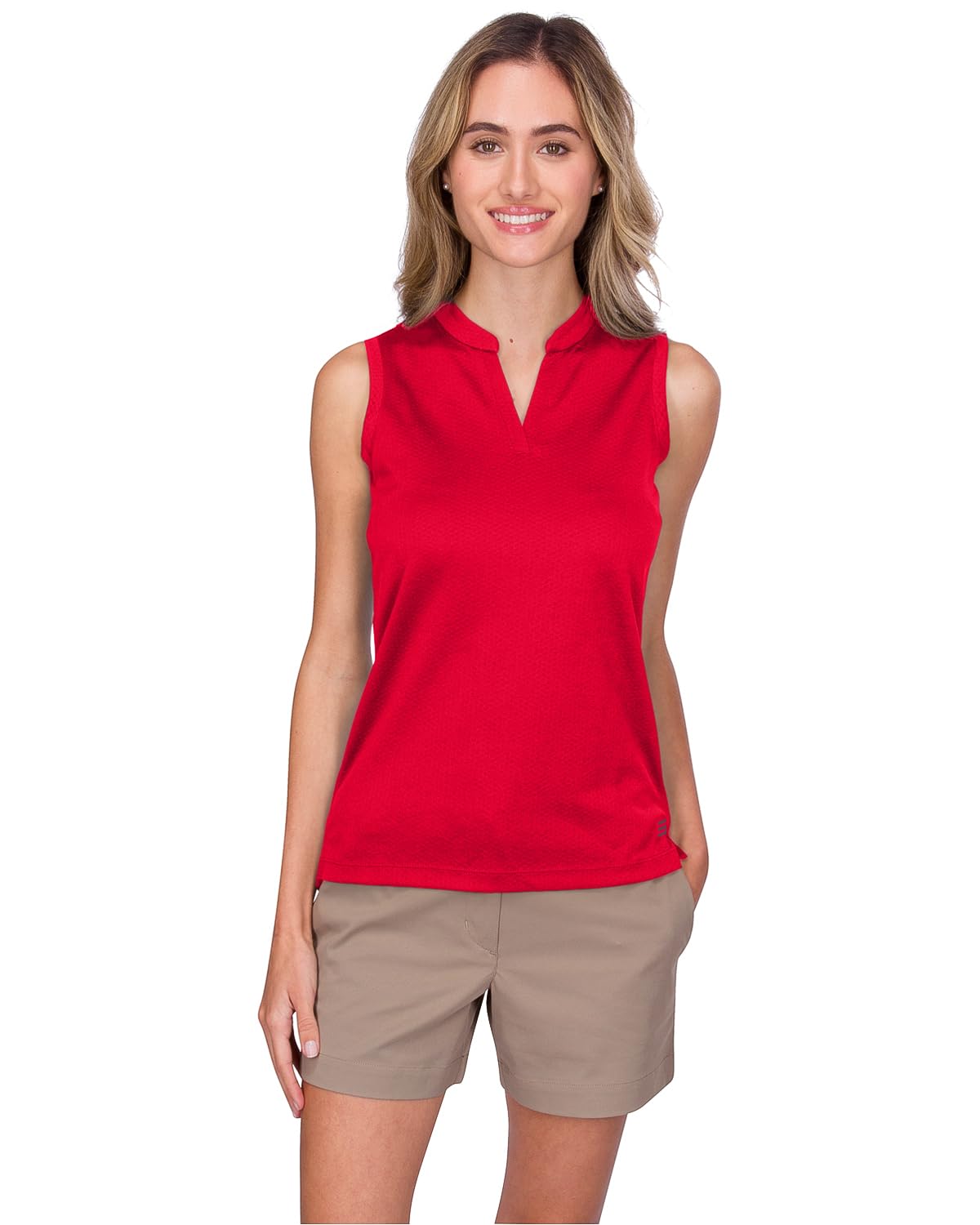 Three Sixty Six Womens Quick Dry Polo Shirt - Sleeveless and Collarless Golf Shirts w/ 4-Way Stretch Fabric and UV Protection Cherry Red