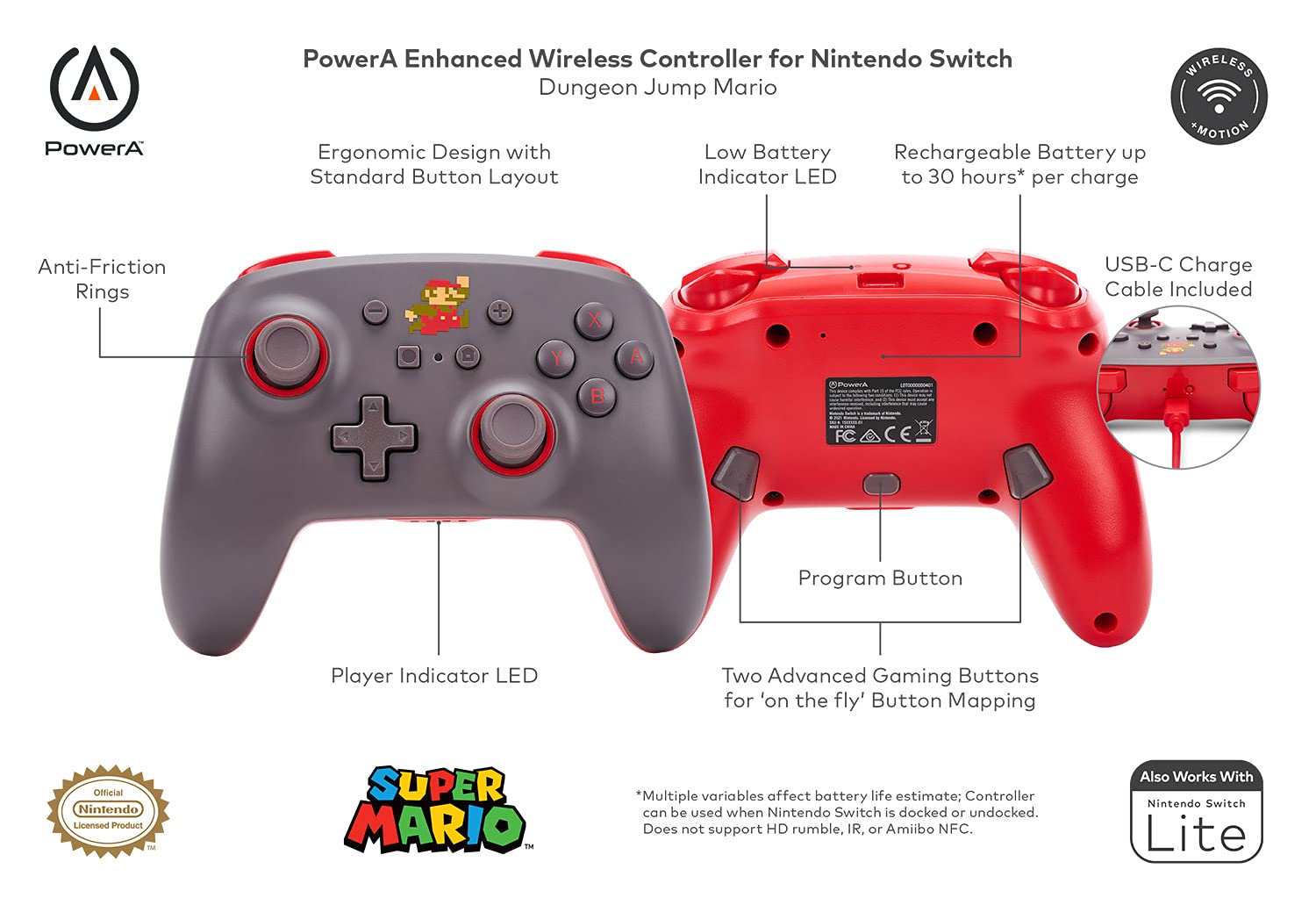 PowerA Wireless Controller for Nintendo Switch - Dungeon Jump Mario, Rechargeable, Bluetooth 5.0, 30 Hours Battery Life