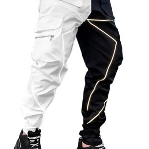 BOOMLEMON Men's Cargo Jogger Pants Reflective Technical Hip Hop Harem Pants Punk Streetwear Tactical Track Pants(Black White L)