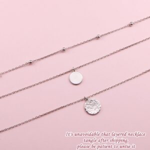 FLYOW Multi Layered Choker Necklace S925 Sterling Silver Coin Beaded Hammered Disc Long Chain Dainty Pendant Necklace for Women