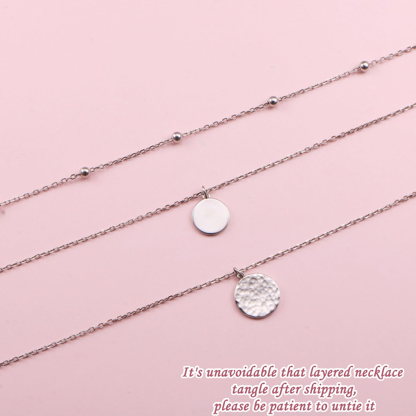 FLYOW Multi Layered Choker Necklace S925 Sterling Silver Coin Beaded Hammered Disc Long Chain Dainty Pendant Necklace for Women