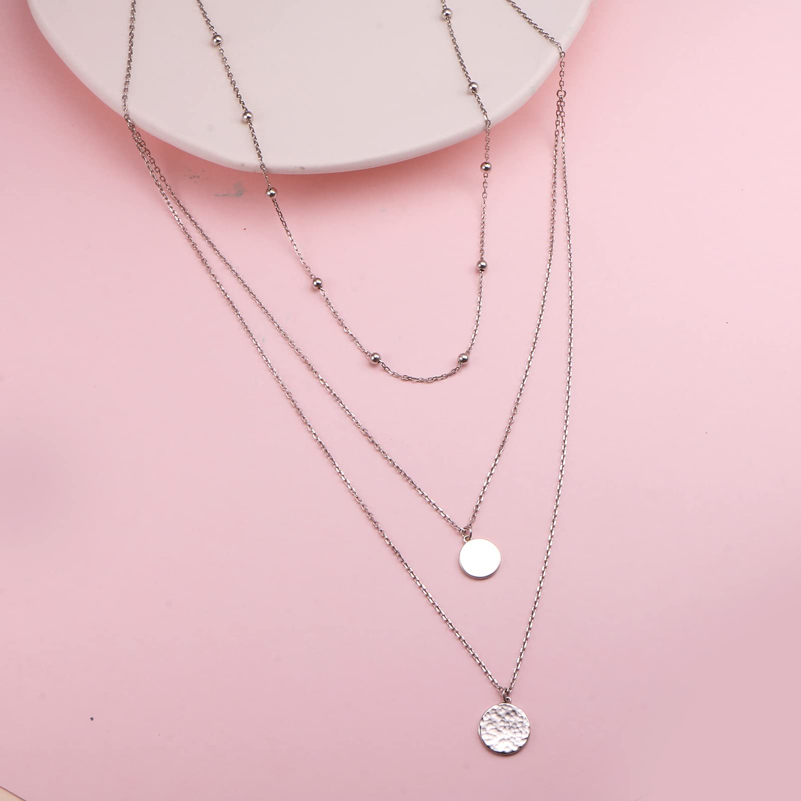 FLYOW Multi Layered Choker Necklace S925 Sterling Silver Coin Beaded Hammered Disc Long Chain Dainty Pendant Necklace for Women