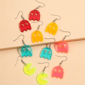 Pixel Ghost Pac-Man Earrings Set,Cute Weird Earrings,80s Earrings Acrylic Gummy Demon Crazy Funny Game Dangle Drop Earrings for Women 5 Pairs