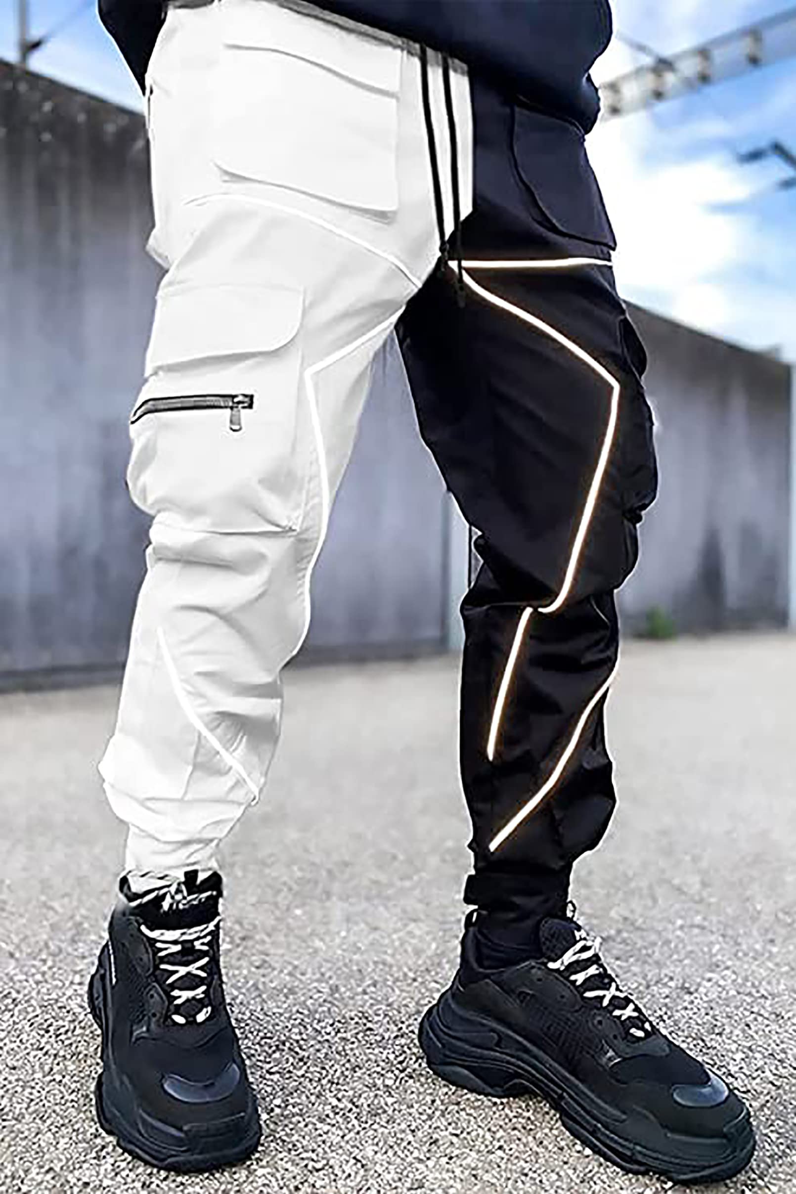 BOOMLEMON Men's Cargo Jogger Pants Reflective Technical Hip Hop Harem Pants Punk Streetwear Tactical Track Pants(Black White L)