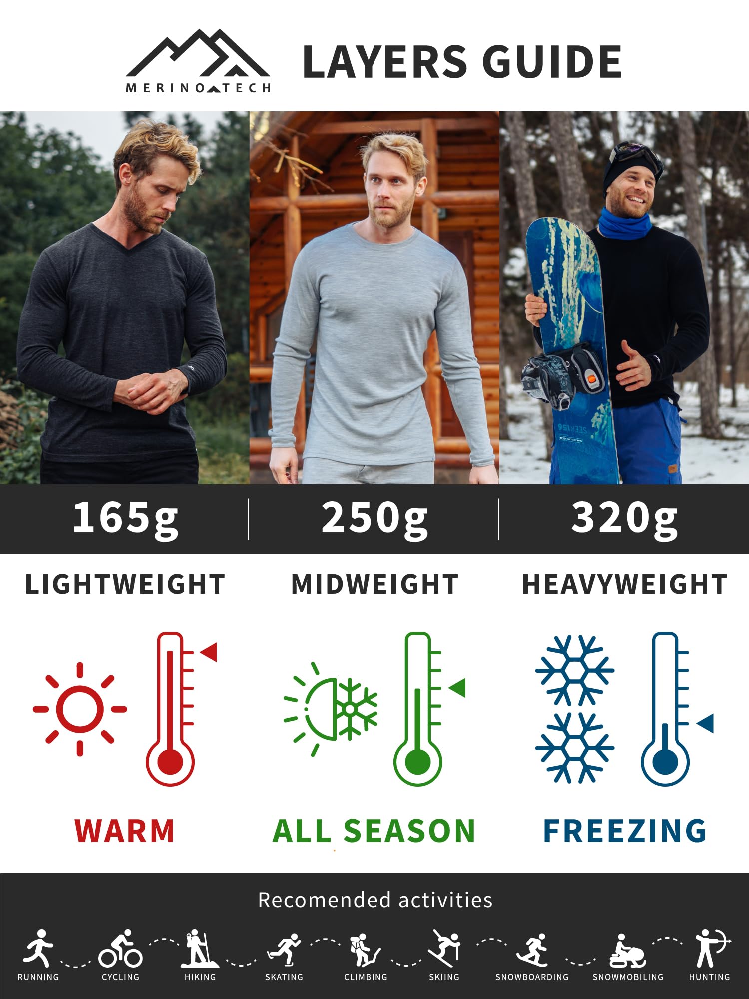 Merino.tech Merino Wool Base Layer - Mens 100% Merino Wool Long Sleeve Thermal Shirts Lite, Midweight, Heavyweight + Socks (Large, 250 Natural Merinos)