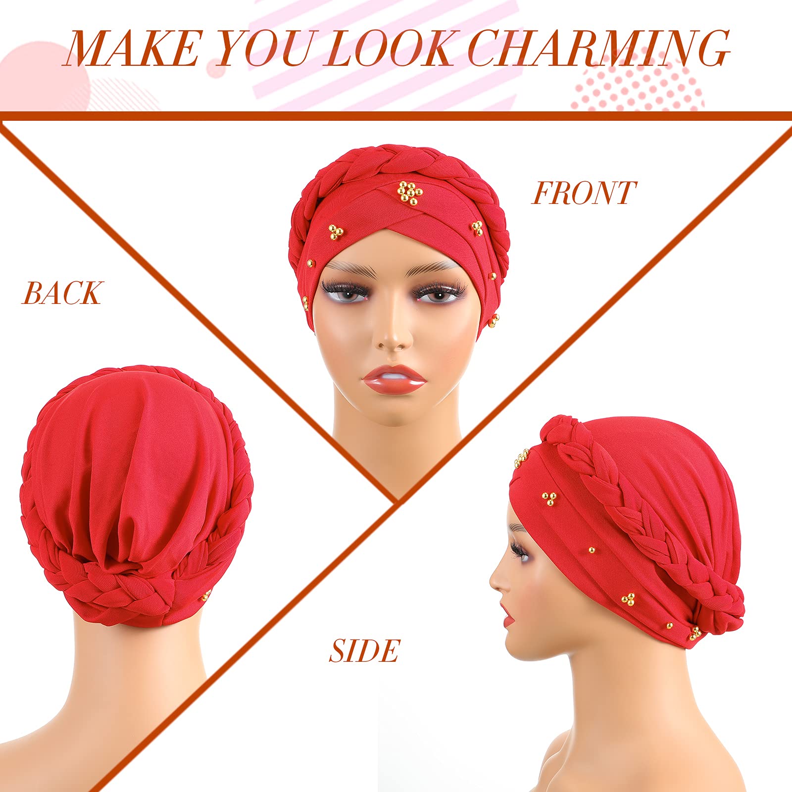 9 Pcs Women Turban Braid Headscarf Braid Turban Wrap Pre Tied Twisted Braid Hair Covered Hat Beanie Beaded Headband Headwear One Size Multicolor Cap(Classic)