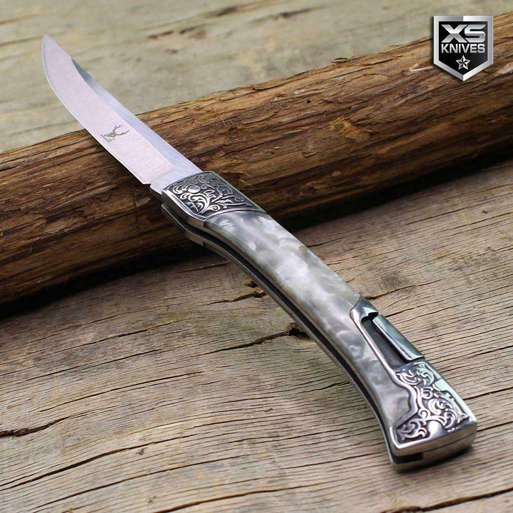 Cowboy Western Ornate Bolster Lockback Open Folding Pocket Knife Pearl Handle 9.5" Outdoor Survival Hunting Knife for Camping by Survival Steel