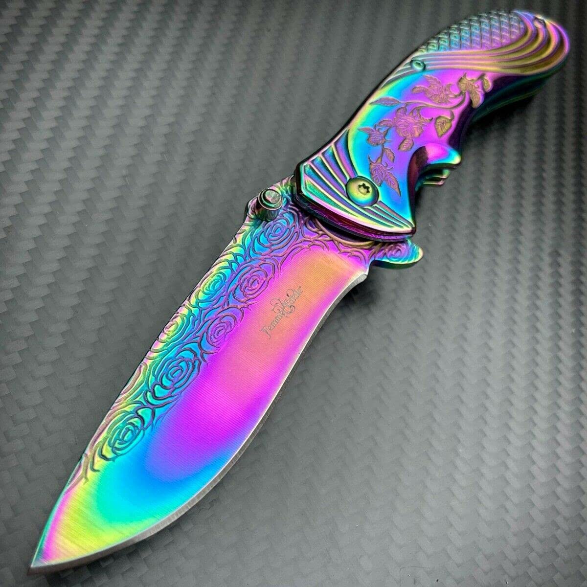 Femme Fatale Ladies Rainbow Stainless Steel Open Folding Pocket Knife Outdoor Survival Hunting Knife for Camping by Survival Steel