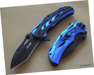 black and blue open folding pocket knife with 7.75 inch overall outdoor survival hunting knife for camping by survival steel