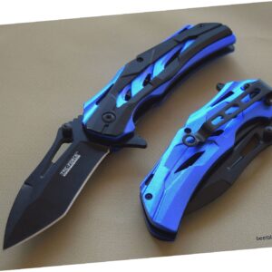 Black And Blue Open Folding Pocket Knife With 7.75 Inch Overall Outdoor Survival Hunting Knife for Camping by Survival Steel