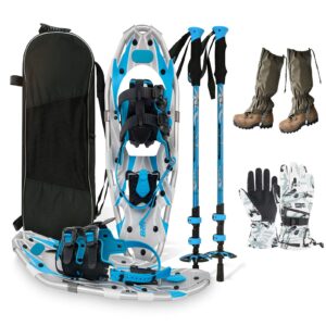 25/30 Inches Trekking Snow Shoes, Aluminum Terrain Light Weight Snowshoes Set with Trekking Poles, Leg Gaiters, Gloves and Carrying Tote Bag for Adults Men Youth Women,Blue,25Inch