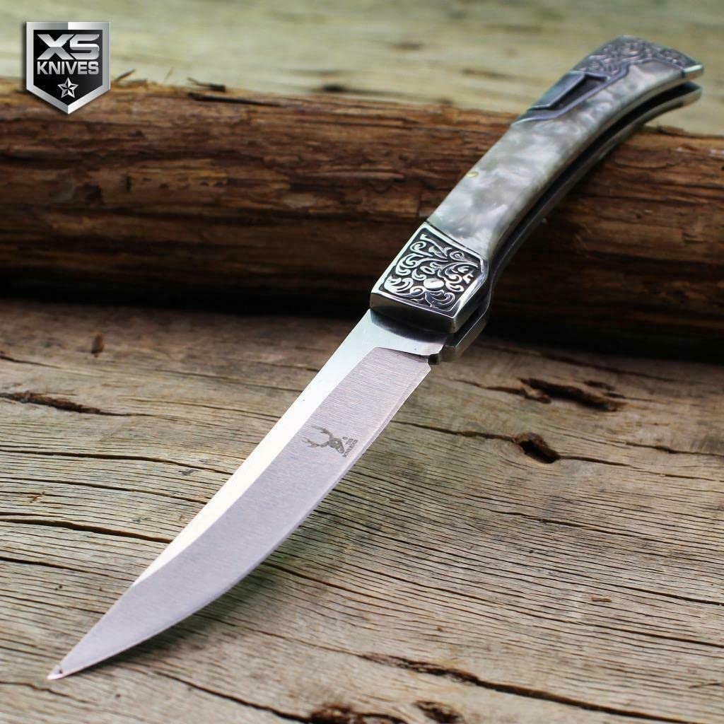 Cowboy Western Ornate Bolster Lockback Open Folding Pocket Knife Pearl Handle 9.5" Outdoor Survival Hunting Knife for Camping by Survival Steel