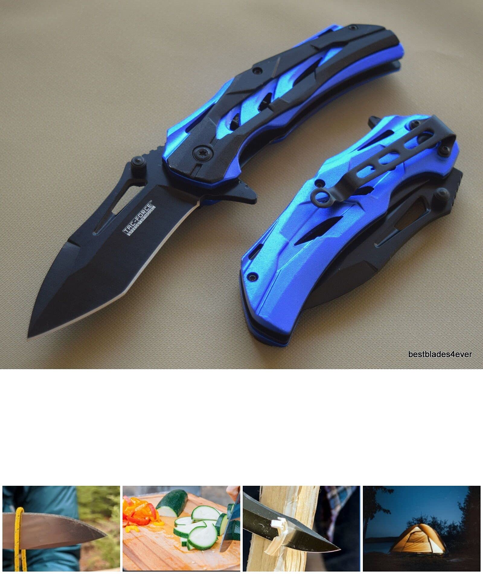 Black And Blue Open Folding Pocket Knife With 7.75 Inch Overall Outdoor Survival Hunting Knife for Camping by Survival Steel