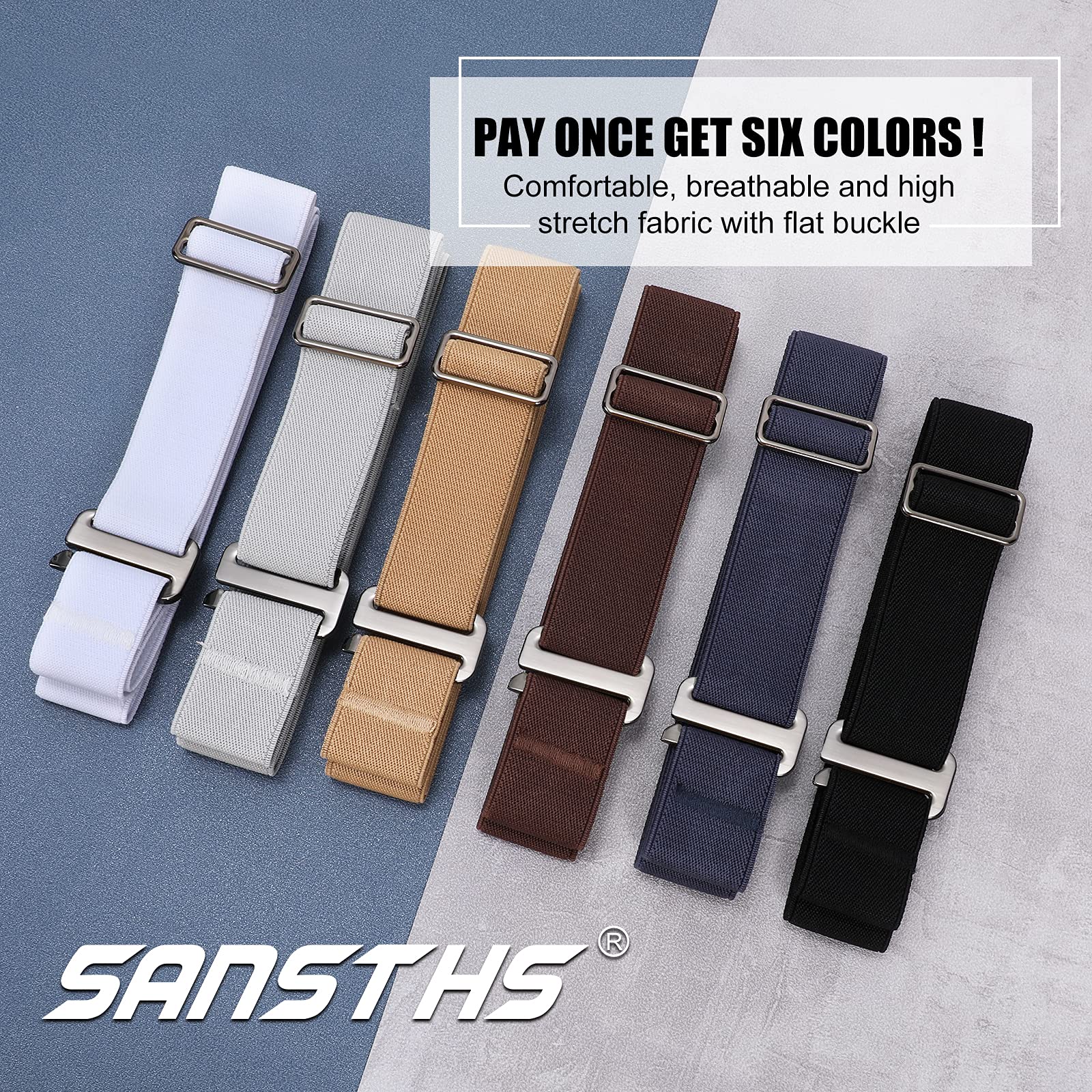 SANSTHS 6 Pieces No Show Women Belts Invisible Elastic Stretch Belt with Flat Buckle for Jeans Pants Dresses（Flat Buckle,S）