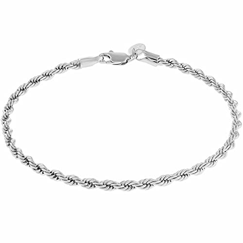 LIFETIME JEWELRY 4mm Rope Chain Bracelet 24k Real Gold Plated for Women and Men (White Gold, 9 inches)