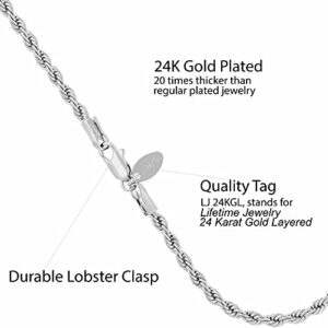 LIFETIME JEWELRY 4mm Rope Chain Bracelet 24k Real Gold Plated for Women and Men (White Gold, 9 inches)