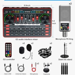 Audio Mixer with Sound Card, tenlamp Two 3.5mm Studio Condenser Microphone and G3 Audio interface, Sound Board Voice Changer, Podcast Equipment Bundle for PC Recording Gaming Live Streaming Podcast