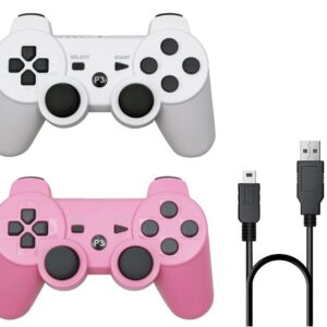 Rzzhgzq 2 Pack PS3 Wireless Controller Playstation 3 Controller Wireless Bluetooth Gamepad with USB Charger Cable for PS3 Console (Pink+White)