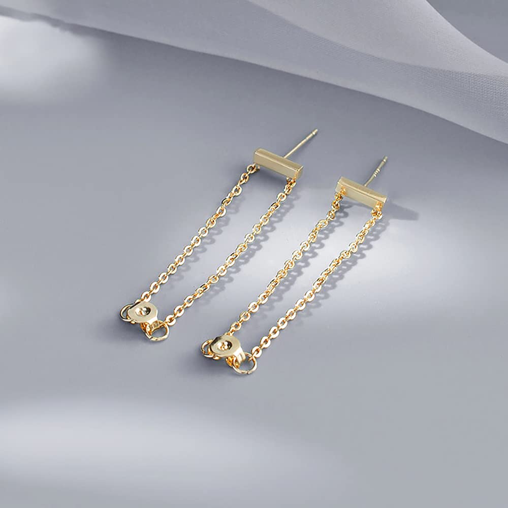 Reffeer Solid 925 Sterling Silver Bar Tassel Chain Drop Earrings for Women Bar Drop Earrings Studs Minimalist (B-18K Gold)